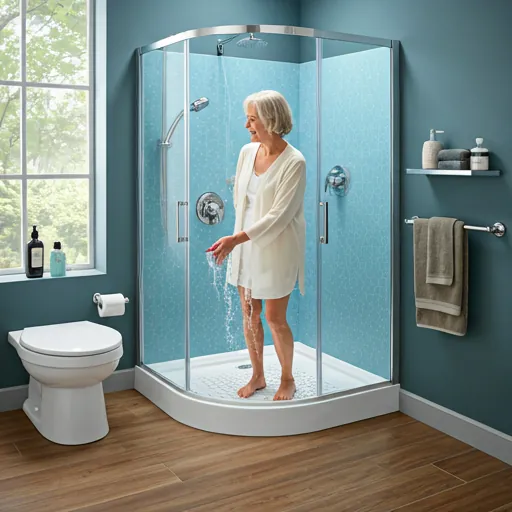 lifestyle shot of a senior person safely using a walk-in shower with non-slip flooring